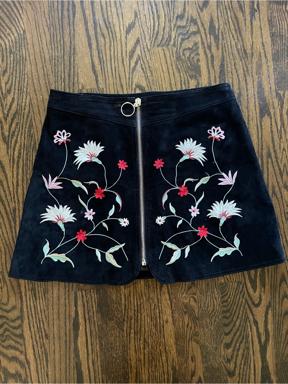 Black Suede Mini Skirt with Floral Embroidery and Front Zip